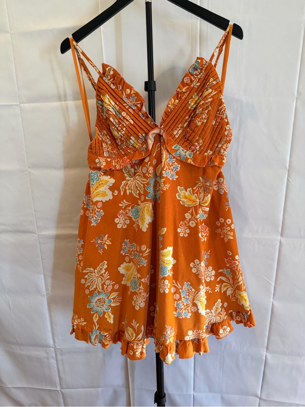 Free People Orange Floral Tiered mini dress with blue and white Accents